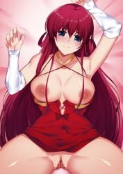 big_breasts blue_eyes blush commission female grisaia_(series) hair_loopies hukii long_hair on_bed open_clothes red_hair smile suou_amane