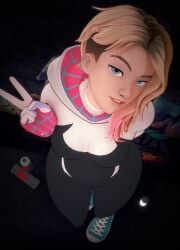 3d asymmetrical_hair blonde_hair blue_eyes female female_focus female_only giddora gwen_stacy gwen_stacy_(spider-verse) koikatsu marvel sneakers spider-gwen spider-man:_across_the_spider-verse spider-man:_into_the_spider-verse spider-man_(series) spitroast superheroine thighs