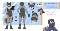 anthro apple_inc. black_hair breasts business_suit businesswear clothed clothing english_text facial_markings female fluffy fluffy_tail frazzled_hair front_view frown fully_clothed genitals hair hair_bun head_markings hi_res ipad logan_hall mammal markings mask_(marking) model_sheet nude procyonid pussy raccoon rear_view small_breasts solo standing striped_markings striped_tail stripes suit tablet_computer tail tail_markings text the-minuscule-task vulva