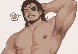 1boy 1human 1male 2d 2d_(artwork) 2d_artwork adorable bara bara_tiddies bara_tits blush blushing_male brown_hair cute eugen_(granblue_fantasy) eyepatch granblue_fantasy hand_behind_head himbo ibarra_bara manly masculine middle_aged middle_aged_male middle_aged_man muscular muscular_male smiling