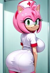 ai_generated amy_rose amy_rose_(boom) big_breasts big_butt hospital looking_at_viewer looking_back nurse sega sonic_(series) sonic_the_hedgehog_(series)