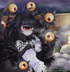 1_eye 1girls 7_eyes black_hair blush breasts covering female female_only fluffy gazer_(monster_girl_encyclopedia) jojoniumart long_hair medium_breasts monster monster_girl monster_girl_encyclopedia multi_eye night nipples seductive seductive_smile see-through solo water yellow_sclera