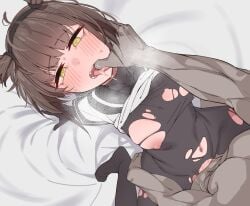 1boy absurdres bed_sheet black_bodysuit black_sailor_collar blush bodysuit breasts brown_hair clothed_female_nude_male female finger_in_another's_mouth foreshortening hatsuzuki_(kantai_collection) heart heart-shaped_pupils highres kantai_collection looking_at_viewer medium_breasts nipples nose_blush nude open_mouth sailor_collar saliva sex shiawase_hougan solo_focus straight sweat symbol-shaped_pupils tears tongue torn_bodysuit torn_clothes yellow_eyes