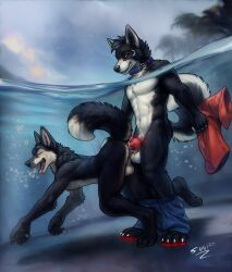 anal anthro anthro_on_anthro anthro_only anthro_penetrated anthro_penetrating anthro_penetrating_anthro bodily_fluids canid canine canis clothing cum domestic_dog floating gay genital_fluids genitals hi_res husky hybrid knot male male/male male_only male_penetrated male_penetrating male_penetrating_male mammal nordic_sled_dog nude penetration penis sex sex_in_water skinny_dipping spitz swimming_trunks swimwear underwater underwater_sex water wolfdog