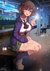 1girls akiyama_yukari aquaegg blush breasts brown_eyes brown_hair covered_erect_nipples female full_body girls_und_panzer glasses highres large_breasts legs_together looking_at_viewer navel ooarai_school_uniform open_mouth outdoors school_uniform short_hair sitting skirt smile solo train_station