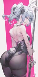 bunny_ears bunny_tail bunnysuit grin hatsune_miku holding_pole large_ass looking_back medium_breasts myung_yi nail_polish painted_nails playboy_bunny pole rabbit_hole_(deco*27/caststation) rabbit_hole_(vocaloid) rear_view signature thick_thighs vocaloid wide_hips