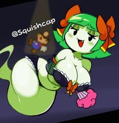 big_breasts black_eyes boo_(mario) bra breasts chubby chubby_female cleavage curvy curvy_figure fan fangs floating ghost ghost_girl green_body green_hair humanized lady_bow legless mario mario_(series) panties paper_mario ribbons shortstack squishcap_(artist) twitter_username underwear wide_hips