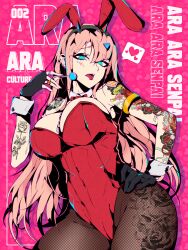 absurdres animal_ears arm_tattoo armlet arrow_through_heart asymmetrical_gloves black_gloves bow bowtie breasts candy collar covered_navel cowboy_shot darling_in_the_franxx defaultz defaultz_17 detached_collar ear_piercing earrings fake_animal_ears female fingerless_gloves fishnet_pantyhose fishnets flower flower_tattoo food gloves green_eyes hair_ornament heart heart_background heart_hair_ornament highres holding holding_candy holding_food holding_lollipop horns jewelry leotard lollipop long_hair medium_breasts mismatched_gloves multicolored_horns pantyhose piercing pink_background pink_hair playboy_bunny rabbit_ears red_bow red_bowtie red_leotard ring rose rose_tattoo single_fingerless_glove skull_tattoo spoken_heart tattoo tongue tongue_out white_collar white_wrist_cuffs wrist_cuffs zero_two_(darling_in_the_franxx)