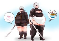 1boy bbw belly big_belly big_breasts blindfold breasts chubby clothed_male clothing fat fat_thighs hairband huge_belly light-skinned_male light_skin male nier nier:_automata obese obese_female obese_male onomichi overweight overweight_male short_hair thick_thighs white_hair yorha_2b yorha_9s