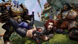 andrea_dawn armor big_ass big_breasts breast_squish choker clothed dragged_on_ground dubious_consent high_heels human human_(world_of_warcraft) nipple_slip red_hair shocked_expression spread_legs tattoo tattoo_on_legs