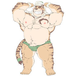 1:1 1boy 2020 anthro balls_outline bara belly bulge clothing felid genital_outline hi_res hombretigre humanoid_hands kemono male male_only mammal meimei_kia moobs nipples one_eye_closed overweight overweight_male pantherine penis_outline simple_background solo solo_male tiger tokyo_afterschool_summoners underwear video_games white_background wink