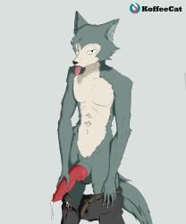 animal_genitalia animal_penis anthro_only beastars canine_genitalia canine_penis cum_from_penis fur genitals hi_res holding_penis humanoid koffeecat legoshi_(beastars) male male_only multicolored_body multicolored_fur penis red_penis solo taking_off_pants tongue tongue_out