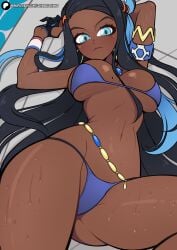 1girls beauty_mark bikini blue_bikini blue_eyes breasts dark-skinned_female dark_skin female female_only looking_at_viewer mole mole_on_breast mole_under_eye nessa_(pokemon) nintendo pokemon pokemon_ss scrimblocrimbo solo tagme