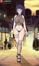 1girls blush embarrassed exhibitionism female female_focus fishnets footwear hyuuga_hinata landidzu long_hair male naruto naruto_shippuden no_pants outdoors panties purple_hair sandals shounen_jump tight_clothing violet_eyes walking