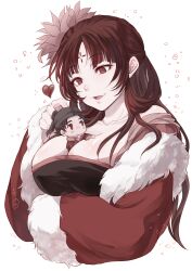 1boy :3 :3d :d arm_under_breasts bad_id bad_pixiv_id bare_shoulders between_breasts black_hair black_headwear breasts chibi cleavage closed_mouth collarbone female flower folded_hair fur_trim guan_hat hair_flower hair_ornament half_updo hand_on_another's_head heart kusuriya_no_hitorigoto large_breasts lihaku_(kusuriya_no_hitorigoto) long_hair long_sleeves looking_at_another looking_away looking_down looking_up mini_person miniboy off_shoulder open_mouth outstretched_arm pairin_(kusuriya_no_hitorigoto) person_between_breasts red_eyes red_hair red_robe red_theme robe simple_background smile upper_body white_background wholesome wide_sleeves yue_(lov_n_n)