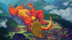 16:9 4_toes anthro balls big_penis castle claws cloud destruction detailed_background dragon dragonfire_(character) erection feet fire foot_focus footprint forest genitals grin hands_behind_head horn landscape lying macro male male_only medieval mountain multicolored_body muscular muscular_arms muscular_male muscular_thighs nipples nommz on_back pawprint pecs penis red_body scales smile soles solo teeth toe_claws toes tree two_tone_body widescreen wings