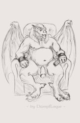 anthro armor balls barazoku belly bracers chair controller digital_media_(artwork) disney drawing furniture gargoyle gargoyles genitals hudson_(gargoyles) male male_only monochrome nude old overweight overweight_male penis relaxing remote_control rough_sketch sitting sofa solo testicles watching_tv wings