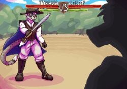 animated anthro battle bodily_fluids cum cum_covered cum_inside digital_media_(artwork) duel duo felid feline fighting_pose gameplay_mechanics genital_fluids gui health_bar loop male male/male mammal melee_weapon messy pixel_(artwork) pixel_animation pose rennmoose stamina_bar sword tail weapon