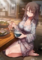 aquaegg barefoot blush breasts brown_eyes brown_hair chopsticks cleavage closed_mouth female food girls_und_panzer highres indoors japanese_clothes kimono large_breasts long_hair looking_at_viewer mika_(girls_und_panzer) smile solo