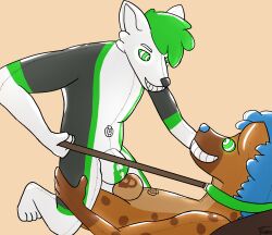 anthro arctic_fox canid canine collar duo fox fwankie fwankie_(character) hi_res hyena hypnosis inflatable latex leash leash_pull lock_symbol male male/male mammal mind_control null_bulge pool_toy simple_background spiral_eyes spotted_hyena true_fox