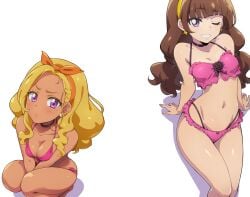 2girls amamiya_elena amanogawa_kirara arm_support bikini black_choker black_flower black_rose blunt_bangs blush breasts breasts_squeezed_together brown_hair choker collarbone dark-skinned_female dark_skin earrings flower frilled_bikini frills gal go!_princess_precure grin gyaru gyaru_gal hairband hairu heart heart_earrings highres jewelry leaning_back long_hair looking_at_viewer low_twintails medium_breasts mole mole_under_eye multi-strapped_bikini multiple_girls nail_polish navel one_eye_closed orange_hairband pink_bikini precure pretty_cure purple_eyes rose side-tie_bikini_bottom simple_background sitting small_breasts smile squatting star_(symbol) star_earrings star_twinkle_precure swimsuit tan twintails v_arms white_background yellow_hairband