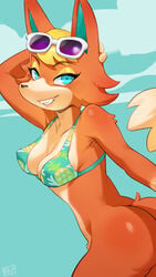 1girls 2020 alternate_body_type alternate_breast_size animal_crossing anthro ass audie_(animal_crossing) bikini blonde_hair blue_eyes bottomless breasts cleavage fang female furry large_ass nintendo perky_breasts pollenoxide smile solo wolf