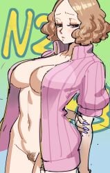 atlus big_breasts breasts brown_hair female female_human female_only haru_okumura jacket large_breasts looking_at_viewer open_jacket pale-skinned_female pale_skin persona persona_5 poechan pubic_hair