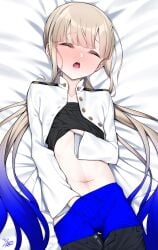 1boy absurdres black_shirt black_shorts blonde_hair blue_hair blue_pantyhose blunt_bangs blush bulge captain_nemo_(fate) closed_eyes clothes_lift erection erection_under_clothes fate/grand_order fate_(series) femboy gradient_hair highres jacket light_brown_hair long_hair long_sleeves lying male male_focus masturbation multicolored_hair navel nemo_(fate) on_back open_mouth pants pantyhose shirt shorts solo solo_male thighs tight_clothes tight_pants two-tone_hair watosu white_jacket