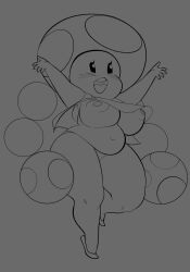 1girl 1girls arms_up belly big_breasts blush breasts female female_only full_body happy hips humanoid mario_(series) mob_face monochrome mushroom_girl mushroom_humanoid nintendo nipples no_color open_mouth panties pathesis shortstack simple_background sketch smile solo standing toad_(mario) toadette twintails wide_hips