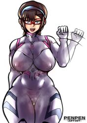 big_breasts big_nipples cameltoe erect_nipples female glasses large_breasts makinami_mari_illustrious neon_genesis_evangelion nipple_bulge pawg penpen_(artist) plugsuit rebuild_of_evangelion short_hair tagme thick_thighs white_background