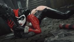 1boy1girl 1male 3d ass ass_exposed ass_up athazel batman batman:_arkham_knight batman_(series) blue_eyes butt_exposed clothed dc_comics female harley_quinn harley_quinn_(classic) latex latex_suit leg_grab makeup no_panties source_filmmaker suggestive suggestive_look tagme torn_clothes torn_clothing