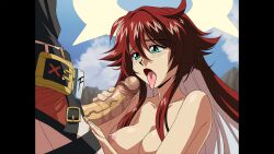 1990s_(style) 1boy 1girls alternate_version_available blush breasts commission dirtyero_(artist) female green_eyes guilty_gear guilty_gear_strive implied_fellatio jack-o'_valentine long_hair nude open_mouth oral outside penis pillarbox red_hair sol_badguy tongue_out two_tone_hair uncensored white_hair