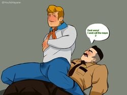 2boys age_difference black_hair blonde_hair blurry bronson_stone daddy erection_under_clothes fred_jones gay grey_hair gumroad hochiihayane male_on_male mystery_inc necktie patreon police_uniform precum_through_clothing reverse_cowgirl_position scooby-doo sheriff two_tone_hair yaoi