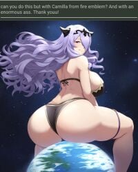 ai_generated bikini camilla_(fire_emblem) earth english_text fire_emblem fire_emblem_fates giant_ass giantess giga_giantess hair_over_one_eye isoai large_breasts looking_back nintendo purple_hair request self_upload smirk text