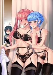 3girls being_watched black_eyes blue_hair braided_hair byleth_(fire_emblem) byleth_(fire_emblem)_(female) chungmechanic female_only fire_emblem fire_emblem:_three_houses fondling_breast garter_belt garter_belt_leggings garter_straps hartman_hips hilda_valentine_goneril large_breasts long_hair marianne_von_edmund multiple_girls nintendo pink_hair twintails