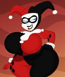 1girls 2024 3barts batman_(series) big_breasts blue_eyes breasts clothed clothed_female dc_comics female female_only harley_quinn harley_quinn_(classic) jester_outfit red_background smiling solo wide_hips