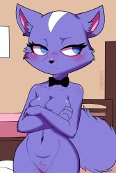 aggressive_retsuko aggretsuko anthro big_breasts blue_eyes blush bow_tie breasts depression digital_media_(artwork) disappointed female fur genitals hi_res mammal mephitid nude nyxartstation purple_body purple_fur pussy sad sanrio shikabane shikabane_(aggressive_retsuko) shikabane_(aggretsuko) simple_background skunk solo tail thick_thighs