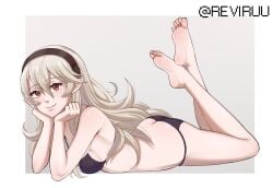 1girls alternate_costume ass ass_cleavage bare_legs barefoot big_ass bikini black_bikini black_hairband black_swimsuit blonde_hair breasts butt_crack corrin_(female)_(fire_emblem) corrin_(fire_emblem) corrin_(fire_emblem)_(female) crossed_ankles feet feet_up female female_only fire_emblem fire_emblem_fates grey_background hair_between_eyes hairband head_rest highres legs legs_up long_hair looking_at_viewer lying medium_breasts nintendo on_stomach pointy_ears red_eyes reviruu sideboob simple_background smile soles solo swimsuit the_pose toes very_long_hair