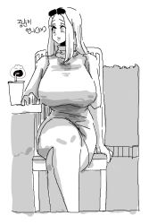 1girls curvy doodle dress drink greyscale korean_text leebongchun long_hair mature mature_female monochrome original original_character outside sitting skin_tight skin_tight_dress sunglasses sunglasses_on_head table text turtleneck