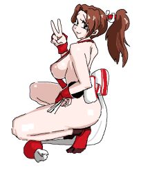 1girls ass breasts brown_hair king_of_fighters large_breasts leebongchun mai_shiranui miko miko_outfit peace_sign ponytail sideboob squatting thighs v