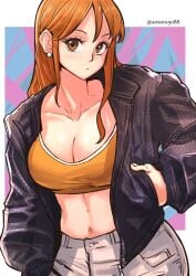 1girls aosora black_jacket breasts earrings female female_only hand_in_pocket jacket large_breasts long_hair looking_at_viewer midriff nami navel one_piece open_jacket orange_eyes orange_hair orange_sports_bra pants post-timeskip sports_bra white_pants