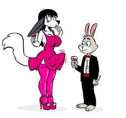 alcohol beverage big_breasts black_hair black_tie_(suit) blue_eyes blush breasts canid canine clothing cocktail_dress duo ears_down erection erection_under_clothing eyelashes footwear fur furry futa_with_male futanari grey_body grey_fur gynomorph hair high_heels intersex lagomorph legwear leporid liebeslied long_hair male mammal nu_pogodi pivoted_ears platform_footwear platform_heels rabbit shoes simple_background suit thigh_highs volk white_background white_body white_fur wine yellow_eyes zayats