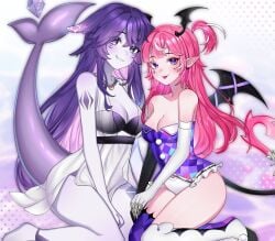 2girls breasts camila_(vtuber) cleavage colored_skin demon_girl demon_tail demon_wings elbow_gloves female female_only gloves grey_skin jewelry long_hair looking_at_viewer medium_breasts megalodon_(vtuber) multicolored_hair multiple_girls panties pink_hair pointy_ears purple_eyes purple_hair shark shark_girl shark_tail sitting smile succubus tail thighhighs tongue tongue_out underwear virtual_youtuber white_hair wings