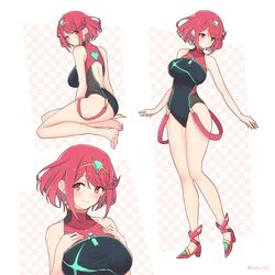 1girls back bangs bare_arms bare_legs barefoot black_swimsuit blush breasts chest_jewel collarbone competition_swimsuit cute earrings feet female from_behind gem happy highres jewelry large_breasts legs long_legs looking_at_viewer looking_back mochimochi_(xseynao) multiple_views nintendo one-piece_swimsuit pyra red_eyes red_hair short_hair sideboob smile smiling solo swept_bangs swimsuit tiara white_background xenoblade_(series) xenoblade_chronicles_2