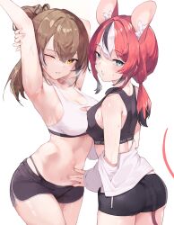 2girls ass booty_shorts breasts brown_hair dolphin_shorts female hakos_baelz hi_res hololive hololive_english hololive_english_-council- hololive_english_-promise- large_ass large_breasts light-skinned_female light_skin long_hair midriff namiorii nanashi_mumei navel ponytail rat_ears rat_girl red_hair short_shorts shorts sports_bra sportswear virtual_youtuber