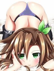 1girls alternate_costume ass_up big_butt black_stockings blue_panties brown_hair eyebrows_visible_through_hair green_eyes if_(neptunia) light-skinned_female neptunia_(series) siroone superdimension_neptune white_background