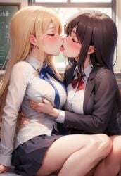 2girls ai_generated black_hair black_jacket black_skirt blonde_hair bowtie breasts button_down_shirt chalkboard classroom closed_eyes dontplantoend female female_only french_kiss french_kissing grabbing_another's_breast jacket kissing large_breasts long_hair multiple_girls original school_uniform shirt skirt white_shirt window yuri