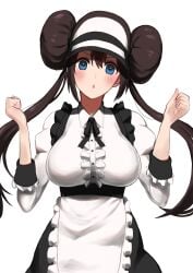 :o angry apron blue_eyes blush breasts brown_hair double_bun doughnut_hair_bun hair_bun large_breasts looking_at_viewer maid maid_apron maid_headdress maid_uniform nintendo nishikino_kee pokemon pokemon_bw2 rosa_(pokemon) twintails visor_cap