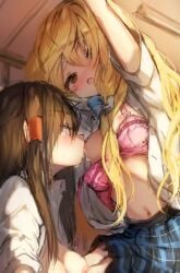 2girls alternate_costume blush bow bra braid breast_sucking brown_eyes brown_hair commentary_request contemporary hair_tubes hairbow hakurei_reimu hand_on_another's_thigh hand_on_thigh indoors kirisame_marisa long_hair looking_at_another marisa_kirisame multiple_girls navel nipples open_mouth pink_bra piyokichi plaid plaid_skirt profile reimu_hakurei saliva school_uniform side_braid skirt touhou underwear very_long_hair yuri