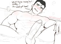 1boy abs avatar_legends balls ballsack bara biceps big_penis black_and_white blush blush_lines blushing blushing_at_viewer bolin english_text erect_penis erection green_eyes gyunyuun hard_cock hard_on looking_at_viewer male male_only muscles muscular muscular_male naked naked_male nickelodeon nipples partially_submerged pecs pectorals penis pov solo solo_male text the_legend_of_korra veiny_penis